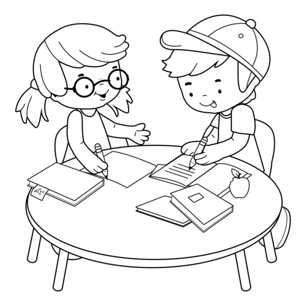 School Children Desk Doing Homework Vector Black White Coloring Page — Stock Vector