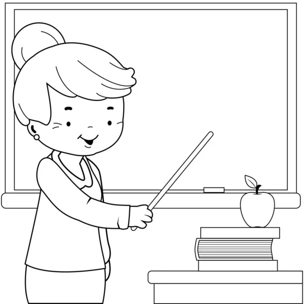 Profesora Senior Aula Escuela Vector Blanco Negro Para Colorear Página — Vector de stock