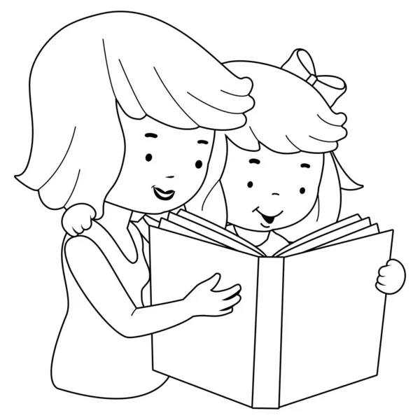 Madre Hija Leyendo Libro Vector Blanco Negro Para Colorear Página — Vector de stock