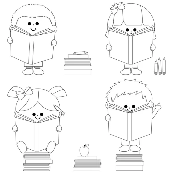 Niños Leyendo Libros Vector Blanco Negro Para Colorear Página — Vector de stock