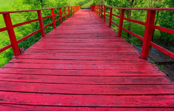 Perspektywa Czerwonego Wieku Drewniany Most Ogrodzie Zabytkowy Drewniany Chodnik Most — Zdjęcie stockowe