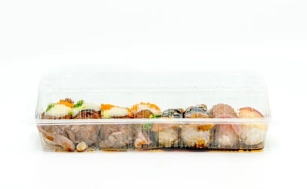 Close Diverse Van Sushi Type Afhaalmaaltijden Opgeruimd Food Box Long — Stockfoto