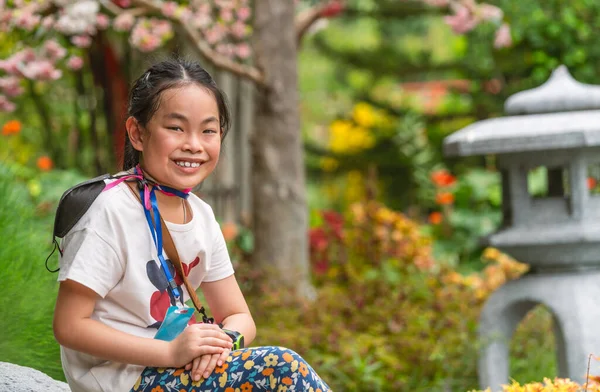 Portrait Cute Asian Smiling Child Girl Sits Japanese Garden Big — стоковое фото