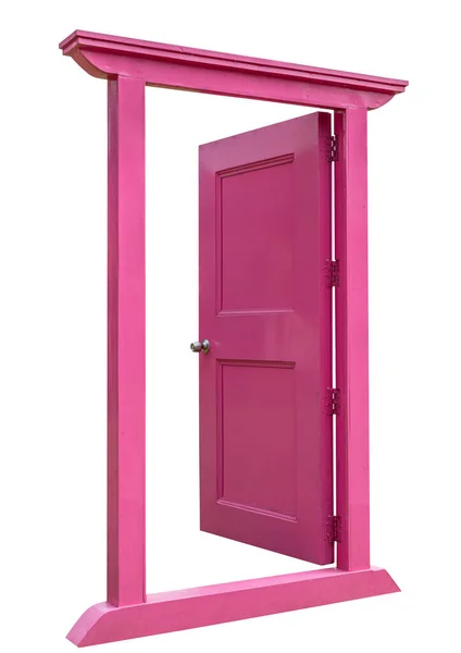 Μεμονωμένο Ροζ Χρώμα Της Πραγματικής Ξύλινης Ανοιγμένης Πόρτας Ελαφρώς Κεκλιμένη — Φωτογραφία Αρχείου