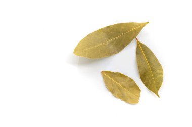 Organik Körfez yapraklarının beyaz arkaplandaki üst görünümü, düz dizayn ve metin için boş alan. Kurumuş körfez yapraklarını cildindeki detaylarla kapatın..