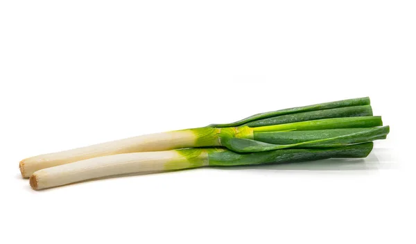 Seitenansicht Bio Frische Grüne Japanische Zwiebelbüschel Isoliert Auf Weißem Hintergrund — Stockfoto