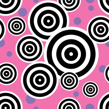 Pembe zemin üzerinde siyah çizgi dairesinin kusursuz deseni, rastgele yuvarlak şekil konumu, grafik deseni.