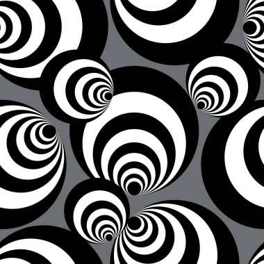 Kusursuz siyah-beyaz spiral toplar ya da siyah-beyaz daireler, kusursuz yanılsamalar, koyu gri arkaplan.