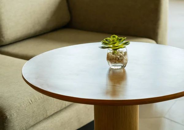 Beautiful Small Glass Pot Pant Wooden Shape Desk Blurred Background — Stock Photo, Image