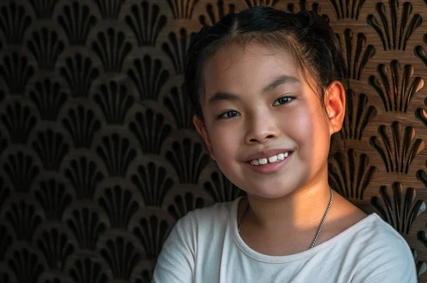 Портрет Азиатской Маленькой Девочки Сладкой Улыбкой Глаза Смотрят Камеру Фон — стоковое фото