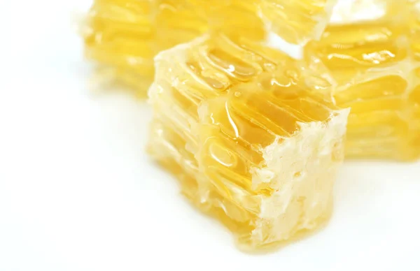 Macro Small Cube Shape Honeycomb White Background Juicy Organic Honeycomb — Foto de Stock