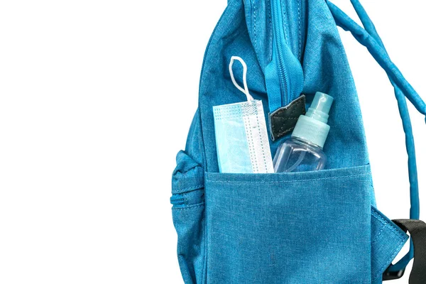 Close Side Pocket Blue Student Backpack Face Mask Small Bottle — Stok fotoğraf