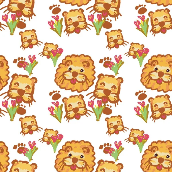 Isolated cute lion family seamless pattern on white background, cute animal pattern with hand-drawn, cartoon of lion family.