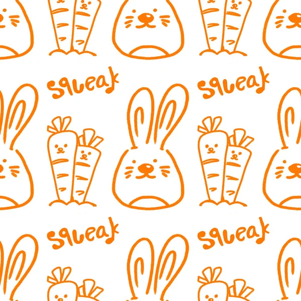 Seamless pattern of doodle cute rabbits and carrots, isolated orange- line on white background, dry brush, hand-drawn cute rabbit and carrot with its sound wording.