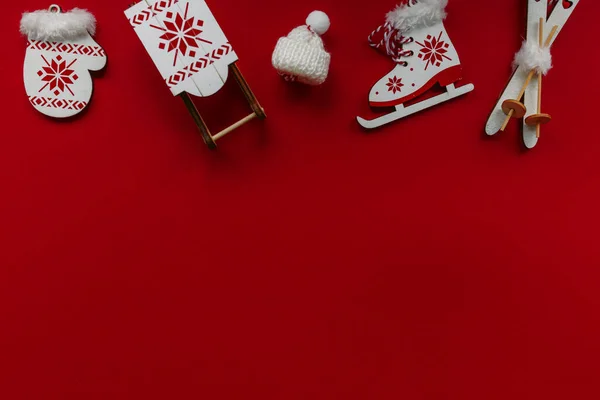Christmas background, decorations on red. New Year flatlay — Stock Photo, Image