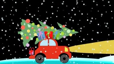 Hediyeli kırmızı bir araba ve çatıda Noel ağacı olan bir animasyon. Akşamları yoğun bir kar yağışı altında araba sürüyor. Şenlikli atmosfer dağıtımı