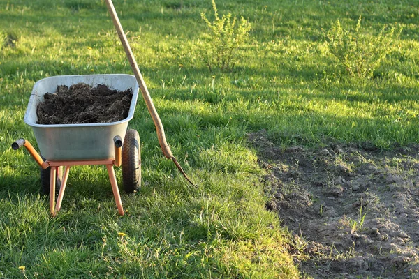 Old Village Pitchforks Garden Wheelbarrow Compost Plot Important Garden Work — Stock Photo, Image