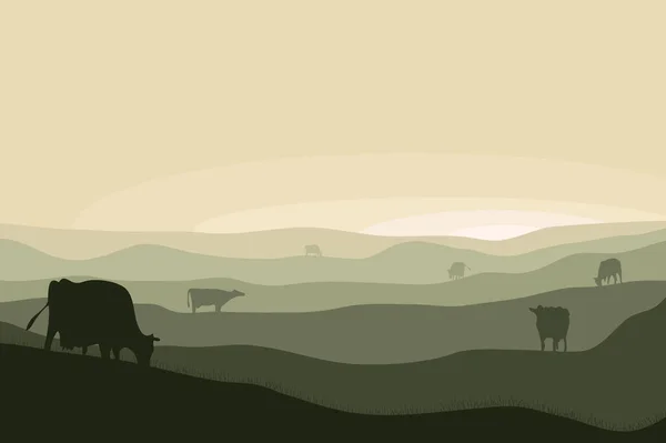 Vector Silhouettes Cows Grazing Large Pasture Backdrop Sunset Calm Rural — Stock Vector