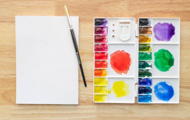 Beyaz palette suluboya boyalar ve arka plan için beyaz kağıt. Renkli akvaryum boyaları boya kutusunda.
