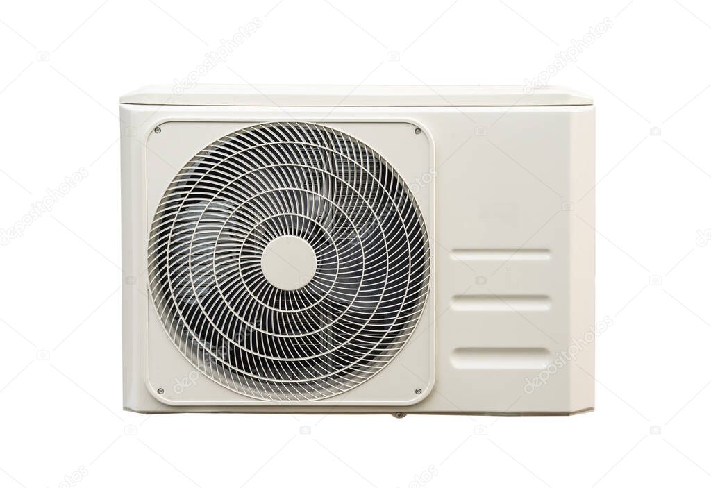 Condensing unit of air conditioning systems isolated on white with clipping path. Condensing unit installed on the wall.