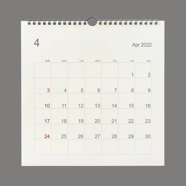 Avril 2022 Page Calendrier Sur Fond Blanc Contexte Calendrier Pour — Photo