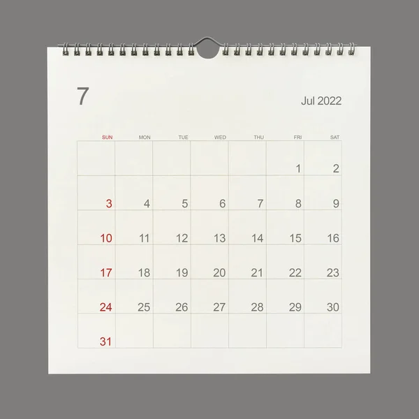 Luglio 2022 Pagina Del Calendario Sfondo Bianco Contesto Del Calendario — Foto Stock