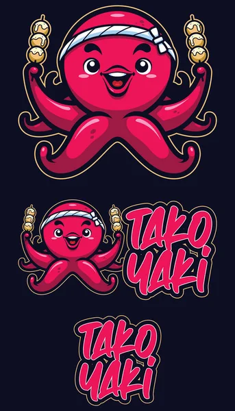 Cute Mascot Octopus Holding Takoyaki Food While Smiling — Stockvector