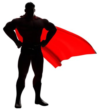 3D render of a powerful superhero standing tall while smiling on white background.