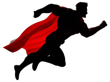 Full length 3d render of a powerful and muscular superhero running fast during courageous mission isolated on white background for copy space.