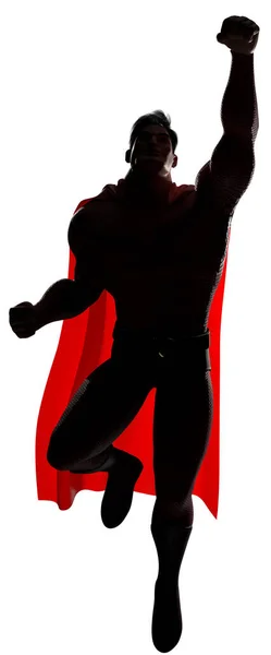 3Dイラストの決定的かつ強力なスーパーヒーロー身に着けているケープと赤の衣装に対して飛んでいる間に白い背景のためにコピースペース — ストック写真