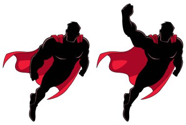 Silhouette of cartoon superhero wearing red cape while flying up during mission against white background.