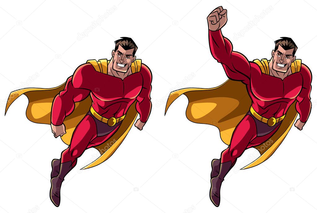 Full length illustration of happy cartoon superhero wearing cape and red costume while flying up during mission against white background.