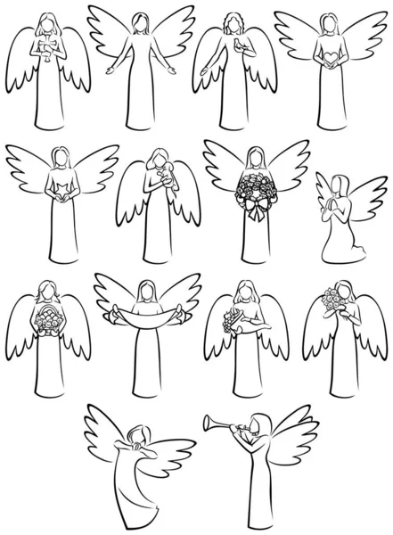 Set Line Art Angels Different Poses Holding Different Objects Various — Archivo Imágenes Vectoriales