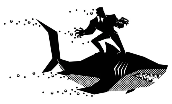 Brave Businessman Riding Shark White Background — Stockový vektor