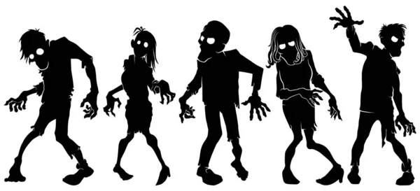 Lot Silhouettes Zombies Dessin Animé Isolées Sur Fond Blanc — Image vectorielle