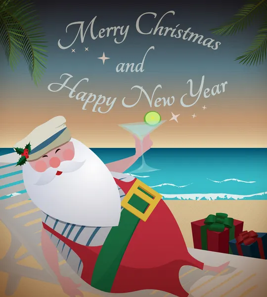 Santa relaxing on tropic beach — Stock Vector