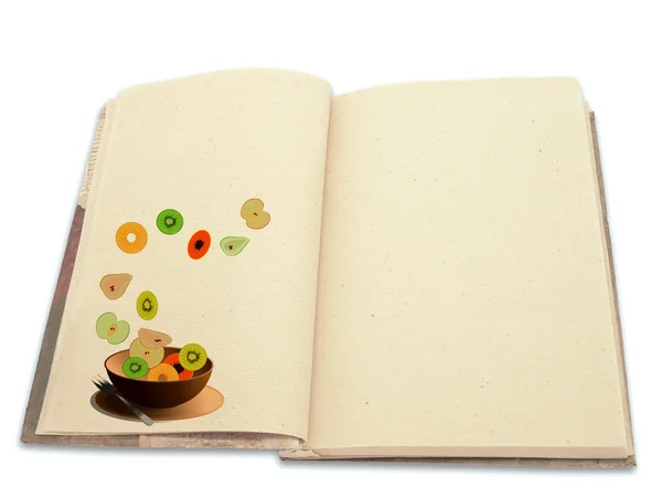 Книга рецептов, иллюстрированная фруктовым салатом — стоковое фото