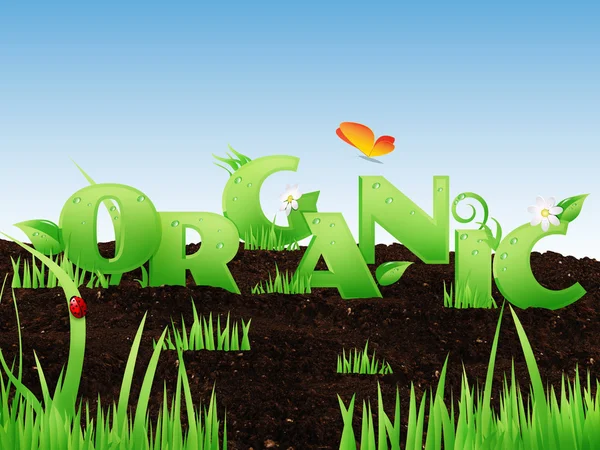 Illustrated word "Organic" with grass and floral elements on rich black soil — Stock Photo, Image