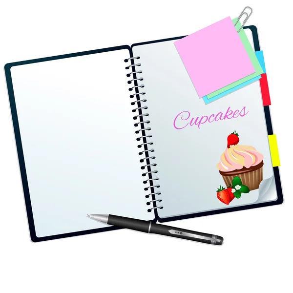 Книга рецептов, иллюстрированная клубничным кексом — стоковое фото