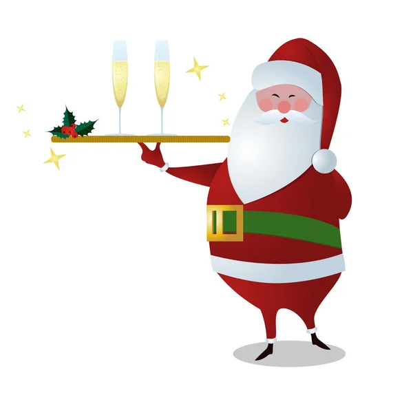 Babbo Natale che serve bevande, tenendo piatto d'oro con due bicchieri di champagne — Foto Stock