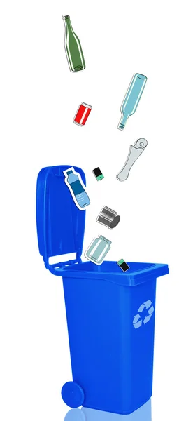 Sinisen kierrätyslaatikon sulkeminen avoimella kannella ja kierrätettävillä materiaaleilla — kuvapankkivalokuva