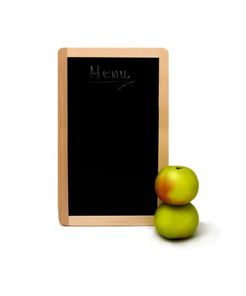 Liten trä blackboard med äpplen isolerad på vit — Stockfoto