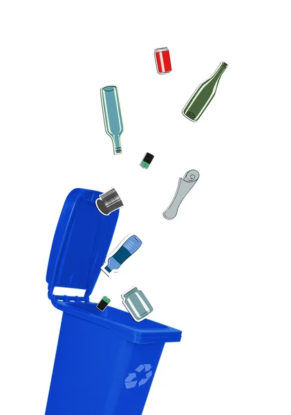 Primer plano de la papelera de reciclaje azul con tapa abierta y materiales reciclables — Foto de Stock