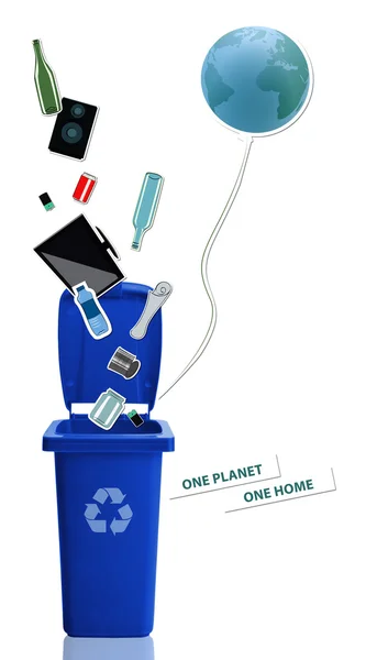 Blue recycle bin with recyclable materials and earth balloon — Stock Photo, Image