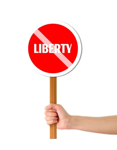 Hand med liberty röd skylt — Stockfoto