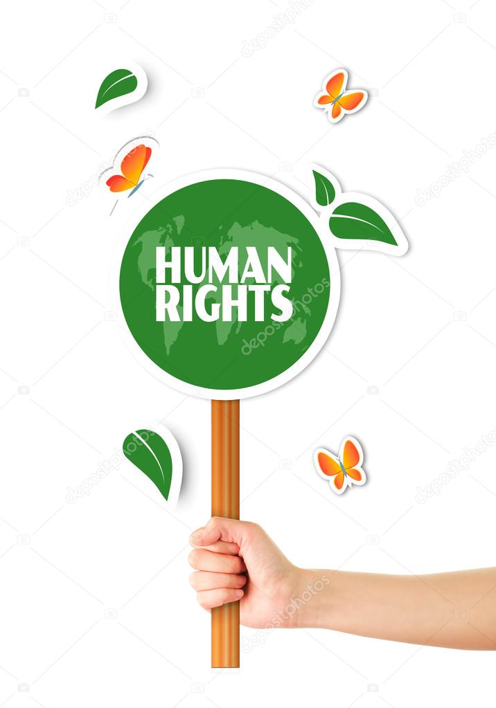 Hand holding green world human rights sign