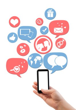 Online daten sitesjabloon op smartphone met pictogrammen geïsoleerd op wit