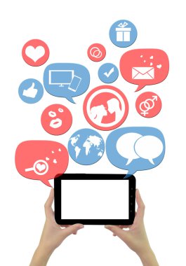 Online dating site şablonu üzerinde beyaz izole simgeleri ile Tablet