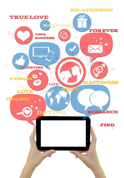 Modelo de site de namoro on-line em tablet com ícones e texto isolado em branco — Fotografia de Stock