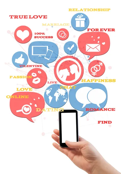 Modelo de site de namoro on-line no smartphone com ícones e texto isolado no branco — Fotografia de Stock
